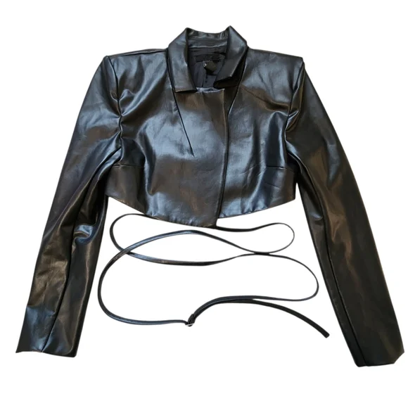 H:ours Alvina Black Cropped Faux Leather Blazer Jacket Small - Picture 2 of 8